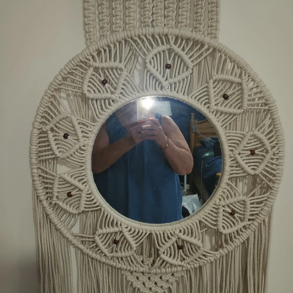 Large Boho Macrame Wall Hanging Mirror Cream Cotton Fringe 20x58 Wood Bead Decor